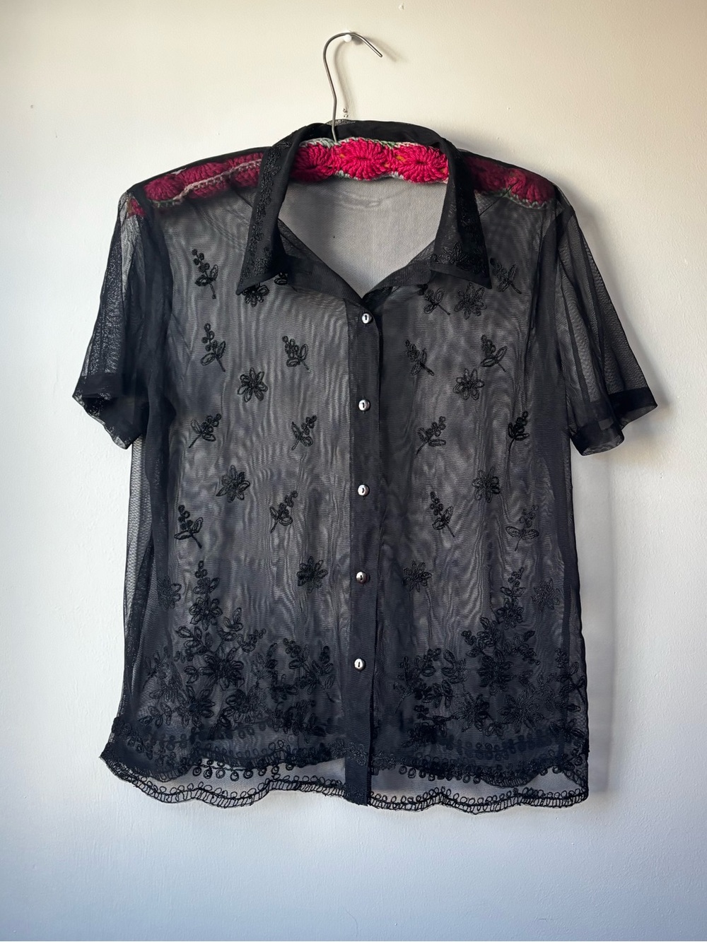 New York & Company Black Sheer Embroidered Button-Down Shirt